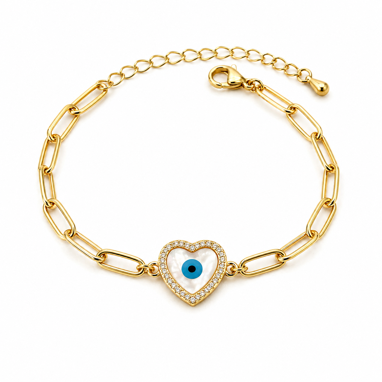 Heart Evil Eye Paperclip Bracelet