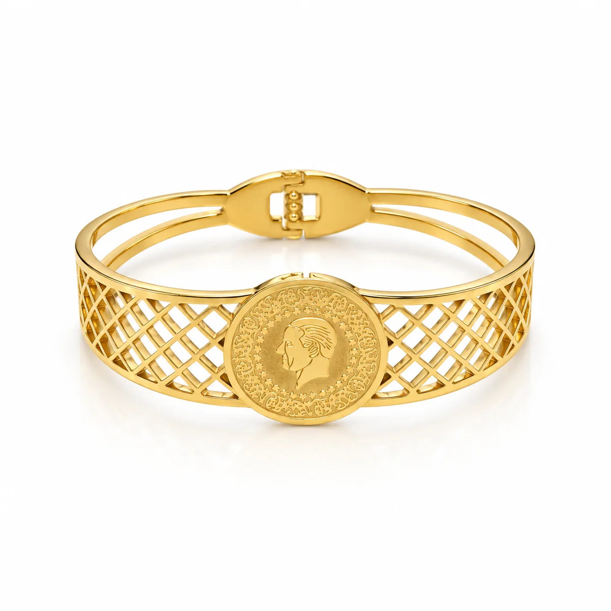 Gold Coin Medallion Bangle – Vintage Lattice Design Bracelet