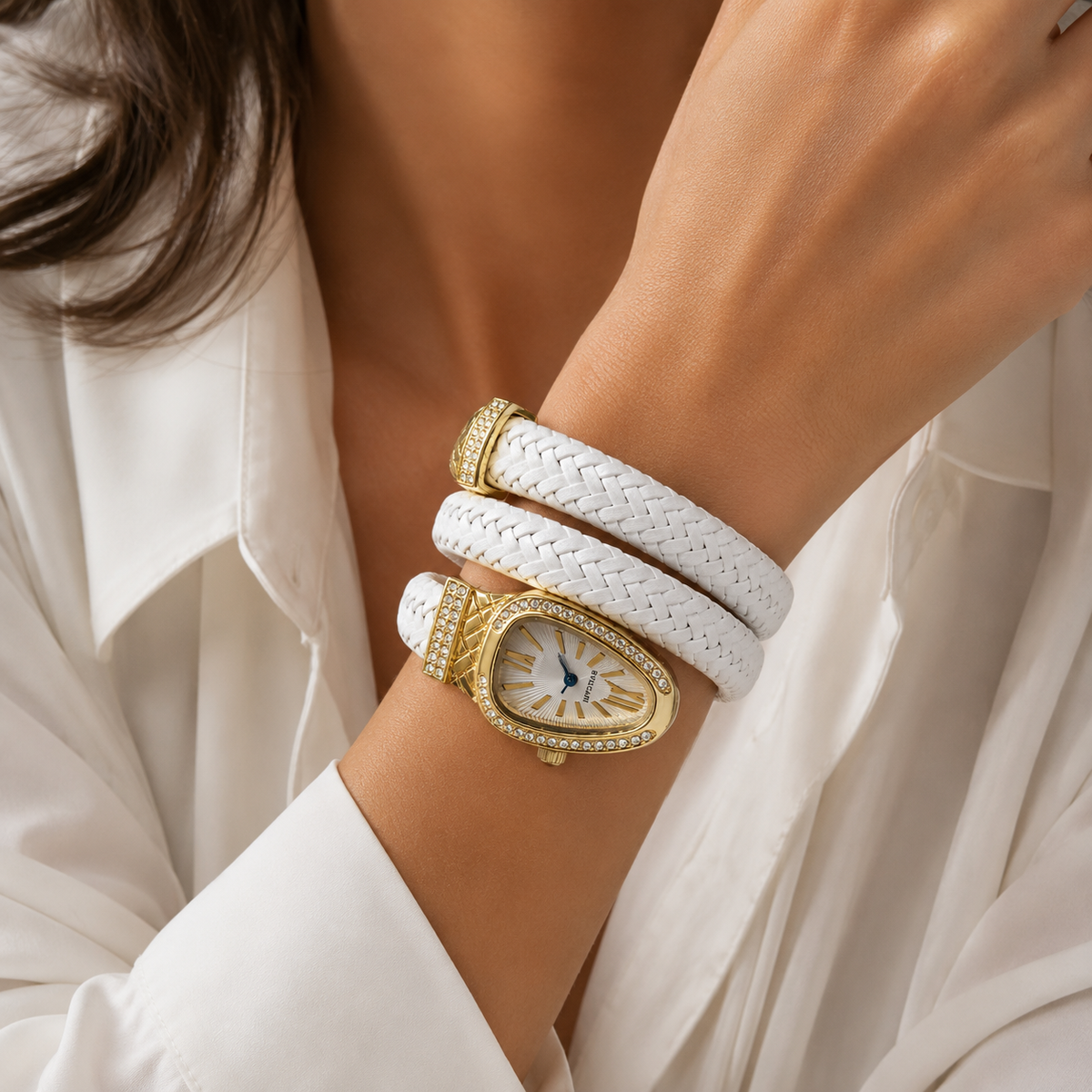 Serpent Wrap Leather Watch – Gold Case with Crystals (women's) | Poshewix – view 2