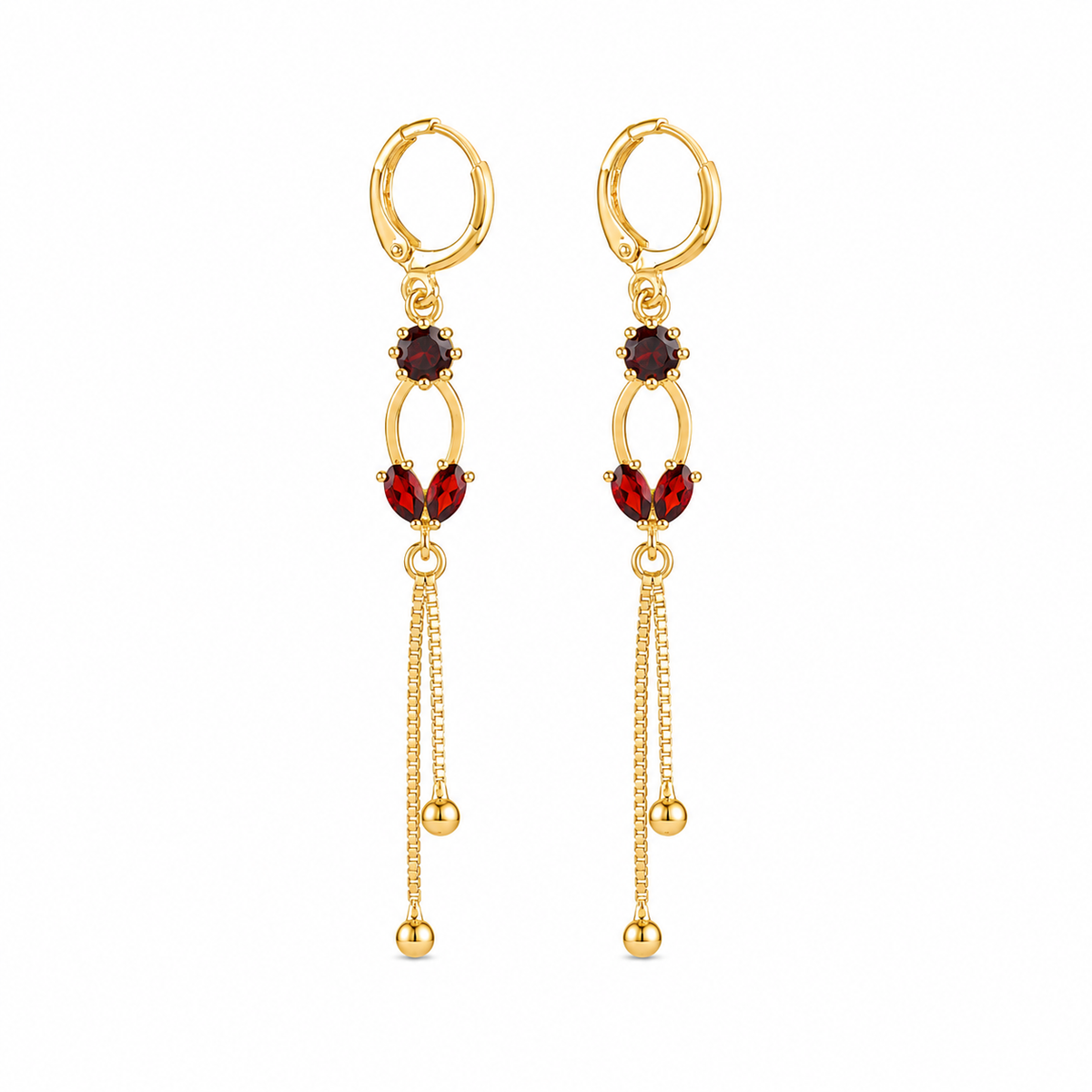 Gold-Plated Drop Earrings with Red Crystal Details | Poshewix