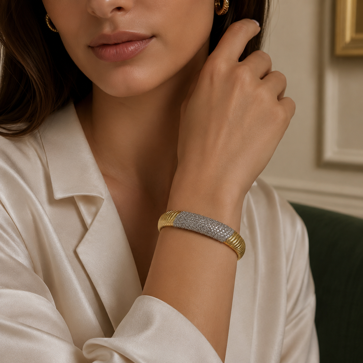 Luxe Ribbed Cuff Bracelet – 18K Gold-Plated with Pave Stones ✨ | Poshewix – view 2