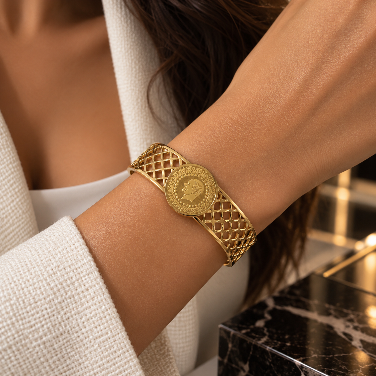 Gold Coin Medallion Bangle – Vintage Lattice Design Bracelet